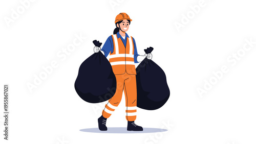 Female sanitation worker in orange safety vest and helmet carrying two large black garbage bags for waste disposal and recycling.