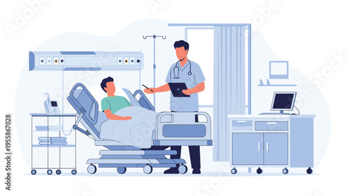 Medical doctor attending a male patient in a modern hospital ward to discuss health status and medical treatment recovery plan.