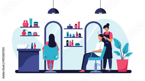 Modern hair salon interior view with professional stylists working on female customers in front of vanity mirrors and product shelves.