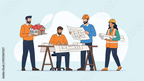 Team of professional architects and engineers collaborating on house design project with blueprints and architectural model.