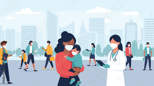 Group of diverse people wearing protective face masks walking in a city while a doctor provides important health information.