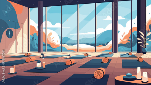 Spacious yoga studio interior featuring neatly arranged mats and rollers with large windows overlooking scenic mountain views.