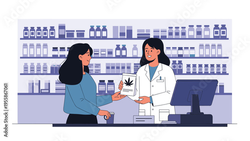 Professional pharmacist in white coat serving customer in a pharmacy with shelves filled with medicines and health products.