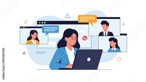 Business professional conducting a video conference call with multiple participants shown on various digital screen windows.