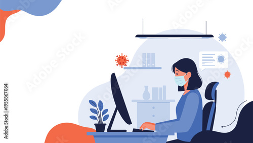 Professional woman wearing a face mask while working on computer in an office with virus icons representing safety measures.