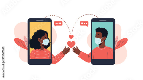 Couple in protective face masks having a romantic video call through their smartphones to share love during a social distance.