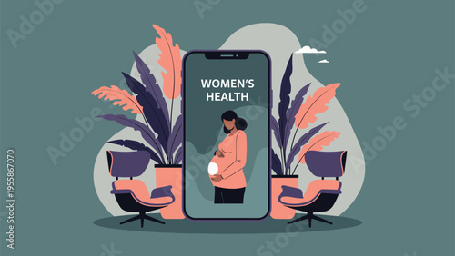 Digital interface of a women's health mobile application featuring a pregnant woman and health data on a smartphone screen.