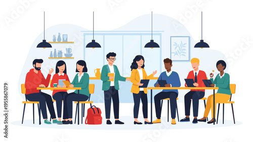 Group of diverse university students studying and socializing together at a table in a modern campus cafeteria or library.