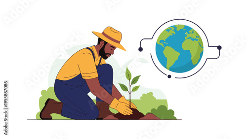 Environmentally conscious farmer planting a young tree seedling in soil with a globe icon representing global reforestation.
