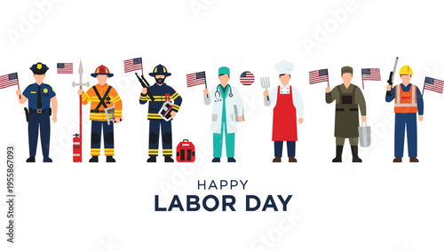 Diverse group of essential service workers including doctor, police, and firefighter standing together for a Labor Day event.