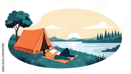 Romantic couple relaxing and lying down next to their orange tent at a campsite near a peaceful lake at sunset time.
