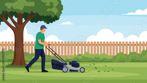 Man wearing a cap and green shirt carefully mows the green grass in a backyard with a wooden fence and large tree.
