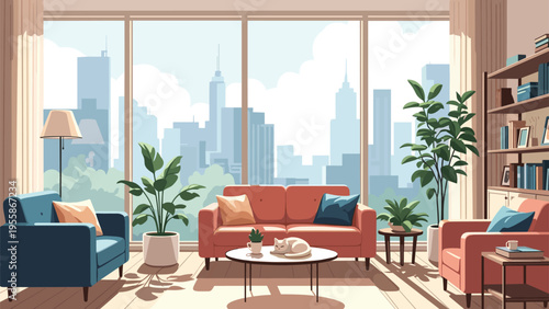Elegant modern living room offers a comfortable sofa and chairs with a spectacular panoramic view of a city skyline through large windows.