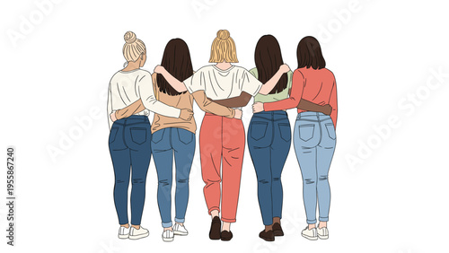 Five women of various backgrounds stand together from behind with their arms around each other, symbolizing sisterhood and support.