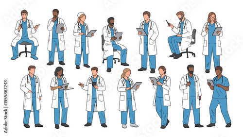 Diverse collection of medical professionals including doctors and nurses in various poses using different tools like tablets and clipboards.