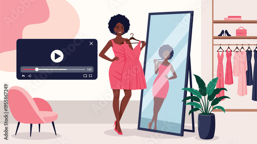 Fashionable woman stands in her dressing room trying on a pink dress in front of a full-length mirror while recording a video.