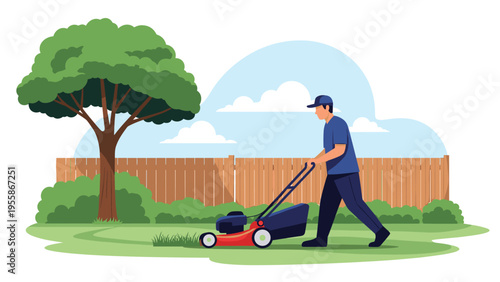 Professional gardener mows a lush green lawn near a large tree and a wooden fence on a bright sunny day in a suburban neighborhood.