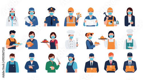 Wide variety of essential workers from different professions are shown wearing protective face masks to maintain public safety and service.