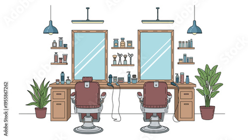 Interior of a classic barbershop features vintage chairs, large mirrors, and shelves stocked with various grooming and hair care products.