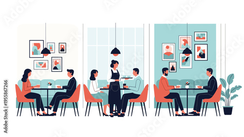 Customers enjoy their meals and conversations while sitting at tables in different sections of a stylish and modern restaurant.