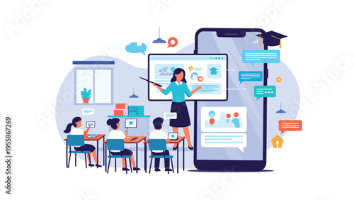 Teacher and students interact in a digital classroom environment featuring a large smartphone and various online learning icons.