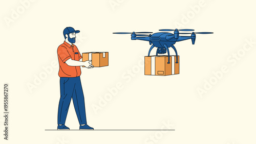Innovative delivery service features a courier handing over a cardboard package to a modern flying drone for final transport.
