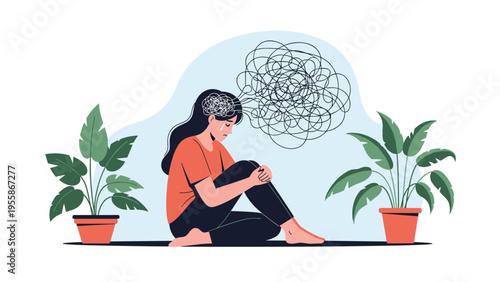Woman sits on the floor in a state of deep sadness or depression, illustrated by a large tangled mess of thoughts above her head.