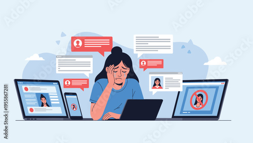 Sad woman cries in despair while sitting at her laptop, surrounded by multiple social media messages representing cyberbullying.