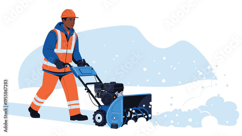 Worker wearing a safety vest and helmet uses a powerful blue snow blower to clear a thick layer of snow from a path.