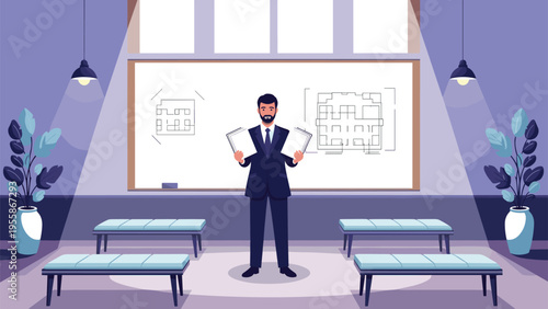 Professional businessman stands in a formal conference room presenting documents or plans to an audience in a corporate setting.