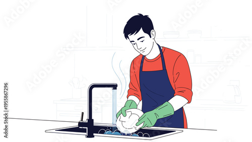 Happy man wearing an apron and green gloves enjoys washing a white plate in a clean and bright domestic kitchen.