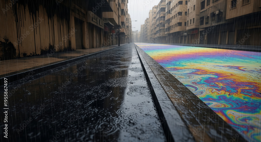 Fototapeta premium Rainbow oil slick on rainy city street after conflict. Environmental disaster and pollution in war zone. Ruined neighborhood with puddle reflecting chemical spill and toxic waste rain.