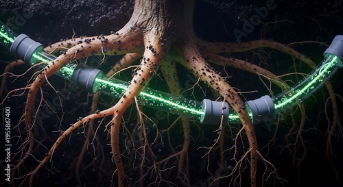 Close-up of plant roots with underground irrigation pipe, smart water system for agriculture and gardening illustration, generative ai