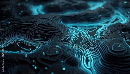 Abstract Topographic Map with Glowing Blue Contours and Data Flow.