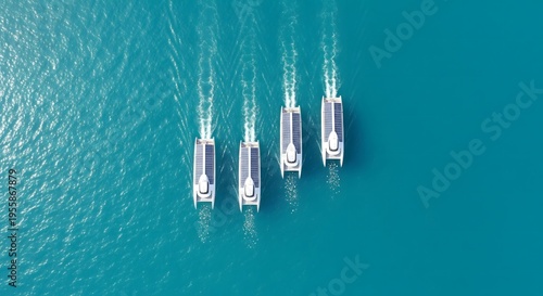 uturistic solar powered boats and luxury yachts with solar panels on the water, sustainable marine transport illustration, generative AI