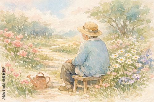 Gentle elderly person sitting on wooden stool in garden surrounded by blooming flowers and greenery, soft watercolor illustration with peaceful and calm atmosphere