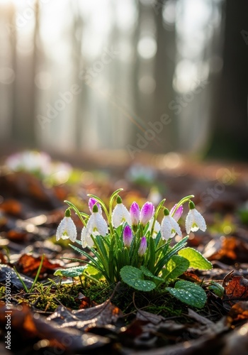Close-up view of delicate white and pink flowers blooming in early spring sunlight on a forest floor, symbolizing fresh growth and renewal, close-up, purity, emerging