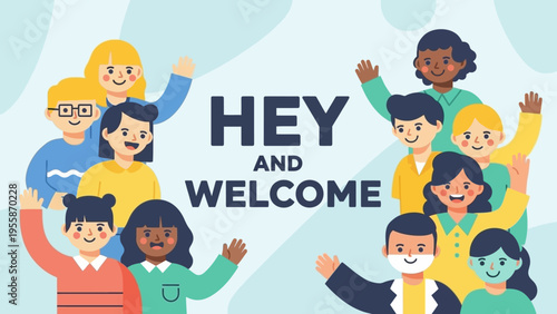 Diverse group of people waving and welcoming new members.