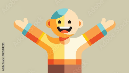 Joyful cartoon character with open arms expressing happiness.