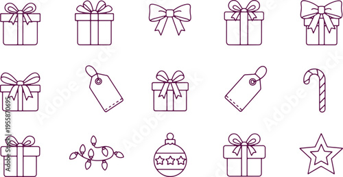 Collection of holiday-themed gift wrapping and decoration icons