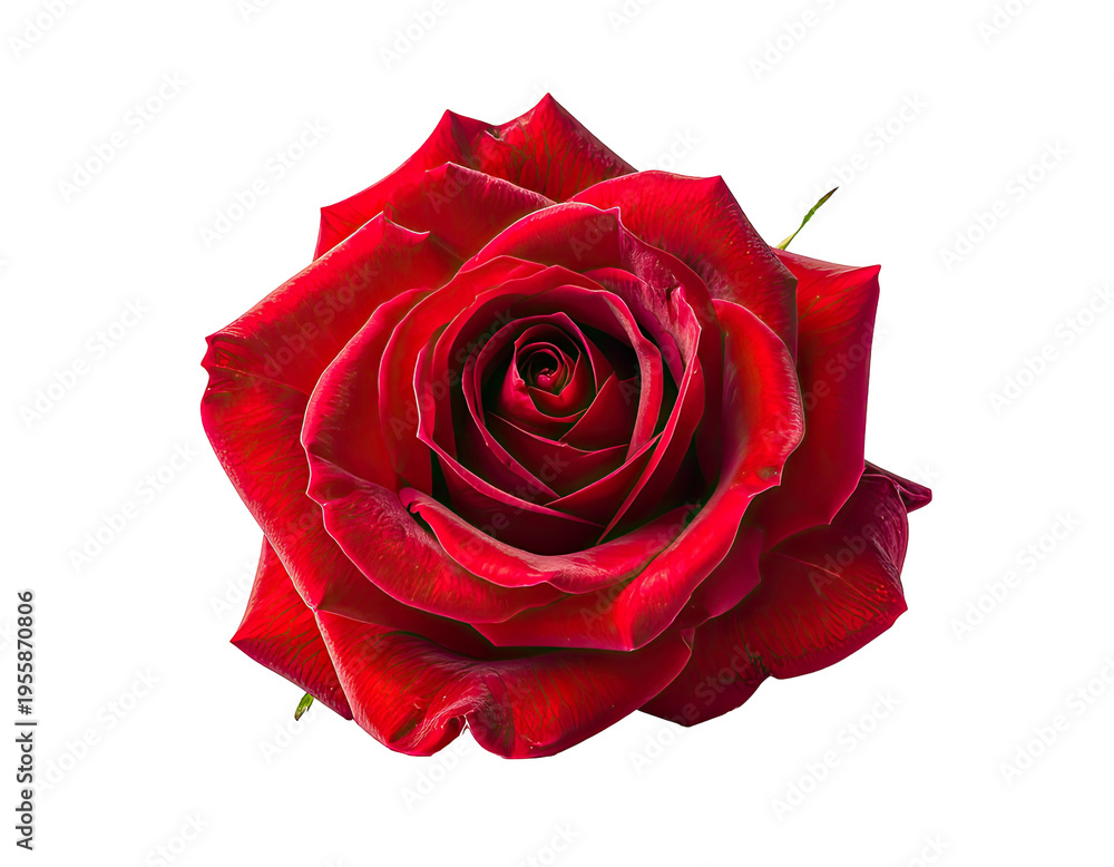 Naklejka premium A vibrant red rose with velvety petals opens its intricate spiral bloom
