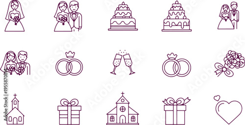 Collection of wedding and celebration icons depicting various traditional symbols