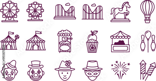 Vibrant icons representing a classic amusement park and circus experience