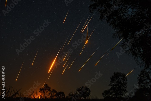 Dramatic meteor shower streaks across the night sky with fiery trails.