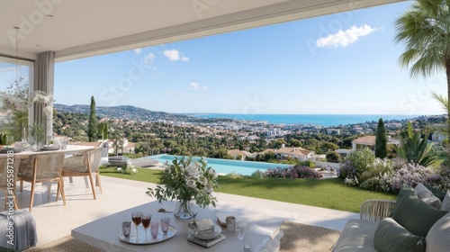 Luxury villa exterior with pool and ocean view on a sunny day