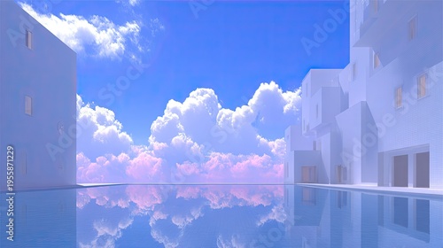 Abstract architectural landscape with sky and clouds reflected in water