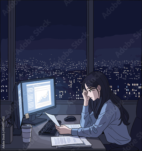 Woman Working Late Night on Computer in City Office
