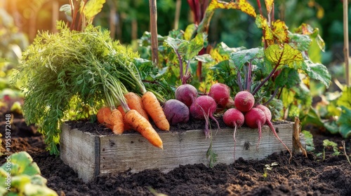 Freshly harvested root vegetables rest upon the edge of a wooden garden planter box at sunset