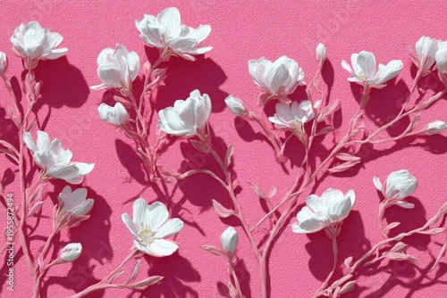 Elegant white magnolia blossoms on a vibrant pink background.