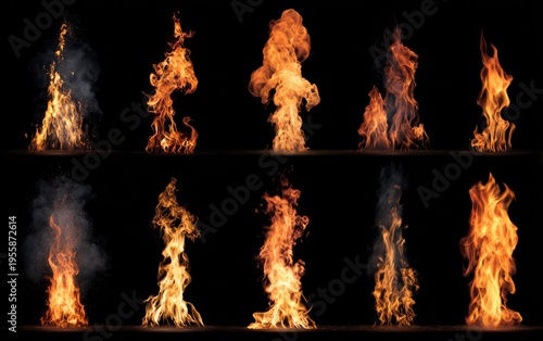 Dramatic Fire Collection - Ten Unique Flames on Black Background.